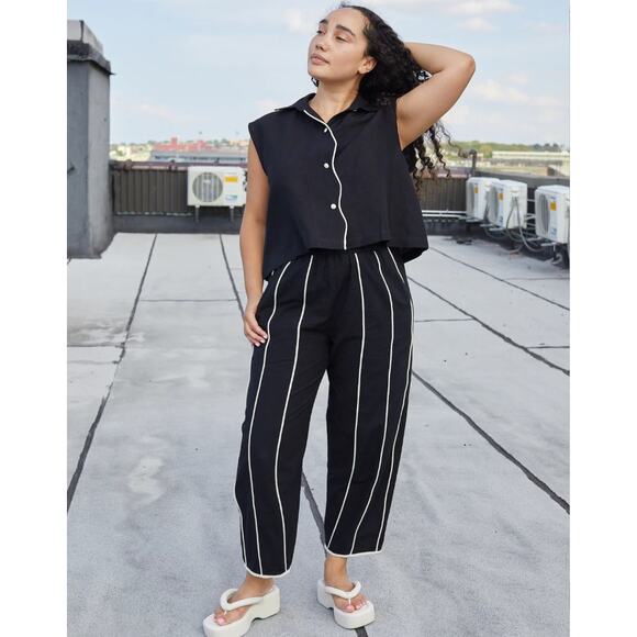 Rujuta Sheth Pants Women XXL Etta Wide Leg Crop Black Linen Blend Quiet Luxury - Picture 2 of 15